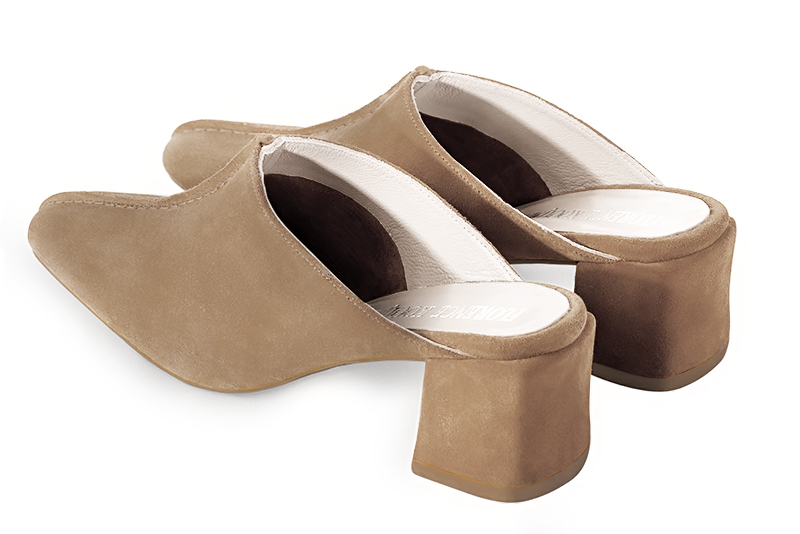 Tan beige women's clog mules. Square toe. Medium block heels. Rear view - Florence KOOIJMAN